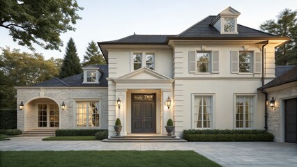 Luxury French Provincial Home Exterior 3D Render, Architectural Visualization, Beige Facade, Stone Accents, Landscaping Architectural Visualization, House Design