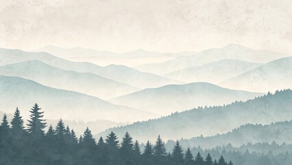 Obraz premium Misty Mountain Range Landscape Layered Blue-Green Hues, Watercolor Texture, Serenity Concept. ,Landscape,Watercolor