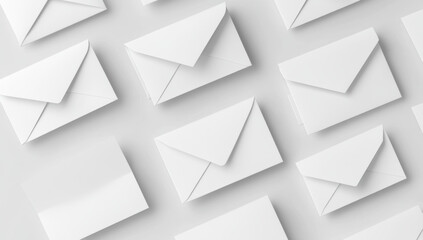 Fototapeta premium A collection of white business card envelopes is neatly arranged on a light surface. The envelopes provide a clean, professional appearance for business correspondence and branding.