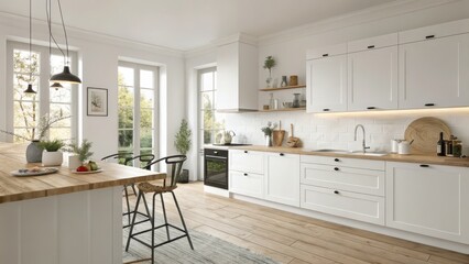 Modern Farmhouse Kitchen White Cabinets, Wood Countertop, Island, Pendant Lights, Natural Light. ,Farmhouse Kitchen, Interior Design