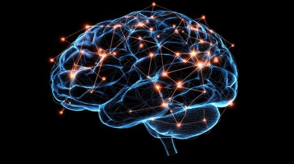 Futuristic Digital Brain Concept with Network Connections and Glowing Nodes Representing Neural Activity and Information Flow for Technology and Science Themes