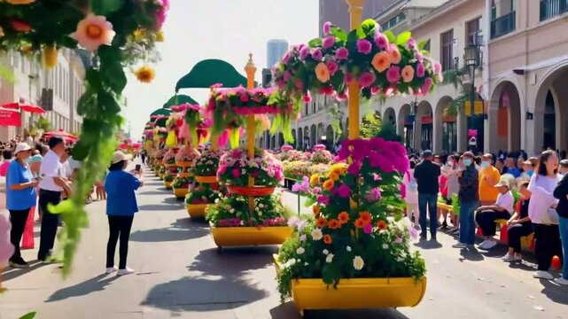 A parade of flower-adorned floats moving through a sunlit street.x