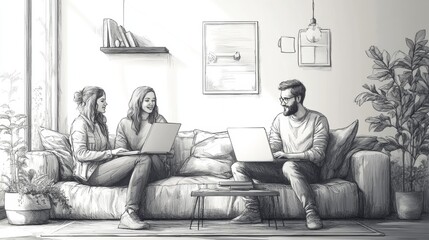 Modern lifestyle comic grid template featuring work from home scenes with laptops and indoor plants for creative design projects