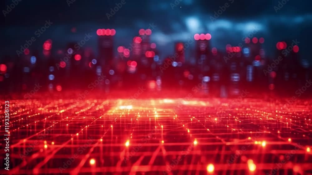 Aufkleber a dynamic urban landscape illuminated by glowing red lights, showcasing the integration of advanced 