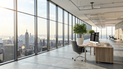 Modern Office with City View Panoramic Window, Wooden Desk, Minimalist Design, Office Space Office Design, Cityscape