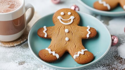 A cheerful gingerbread man cookie is displayed on a blue plate, accompanied by a cup of hot cocoa, creating a cozy, festive atmosphere.