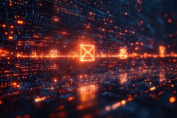 Naklejka premium Digital communication network with glowing messages and data streams in a futuristic environment