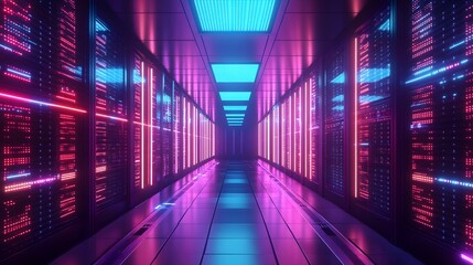 Fototapeta premium Neon Lit Server Room Corridor Data Center