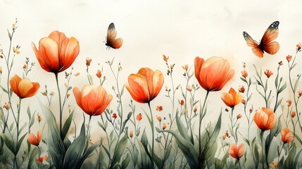 Fototapeta premium Spring garden celebration template with hand drawn tulips and butterflies for seasonal design