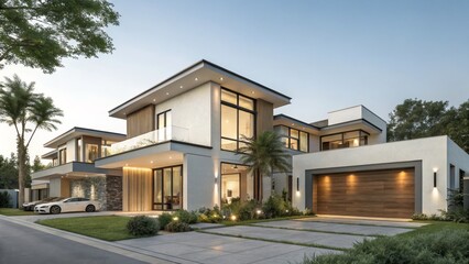 Fototapeta premium Modern Two-Story House Exterior 3D Rendering Contemporary Design, Dusk Lighting, Landscape, keyword1 Architecture, keyword2 Real Estate