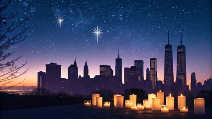 Obraz premium Night Cityscape Candlescape Starry Night, Silhouette City, Burning Candles, Peaceful Atmosphere, Urban Night, Candles, City Lights. Night Photography