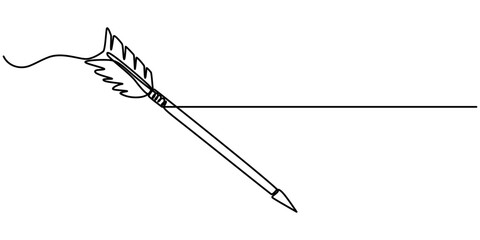 Tribal arrows feathers continuous one line drawing, arrow engraving black and white outline, Weapon bow for throwing arrows hand drawn in doodle style. Archery at the target. Sports shooting. Hunting.