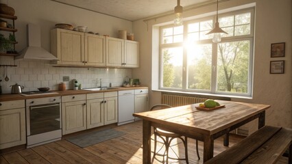 Rustic Kitchen Design Sunny Window, Wooden Table, Beige Cabinets, 3D Render, farmhouse, kitchen design farmhouse kitchen, 3d rendering