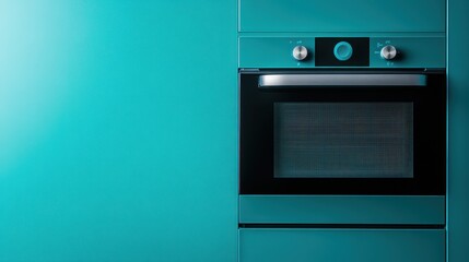 Obraz premium A blue wall serves as a backdrop for a sleek black oven, creating a modern kitchen aesthetic with a cohesive color scheme.