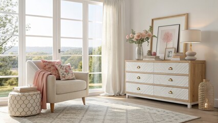 Serene Bedroom Armchair, Dresser, Floral Decor, Natural Light, Cozy Interior Design, Room Decor. bedroom design, interior styling