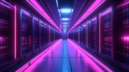 Fototapeta premium Neon Lit Server Room Corridor Data Center