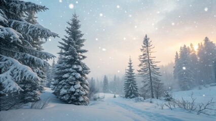 Naklejka premium Snowy Winter Forest Path Sunrise, Snowfall, Coniferous Trees, Landscape Photography. Winter Wonderland, Landscape