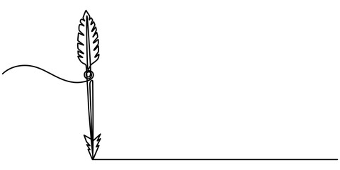 Tribal arrows feathers continuous one line drawing, arrow engraving black and white outline, Weapon bow for throwing arrows hand drawn in doodle style. Archery at the target. Sports shooting. Hunting.