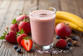 Protein shake in a clear glass with fresh fruit on the side