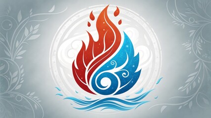 Naklejka premium Stylized Fire and Water Flame Design Circular Composition, Blue and Red Hues, Nature Concept, Digital Art Keywords Logo, Elemental