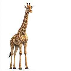 Naklejka premium Realistic Cartoon Giraffe Standing Tall in a Simple White Background, Perfect for Children’s Books, Educational Material, and Wildlife Illustrations
