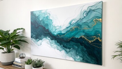 Teal Gold Abstract Resin Canvas Wall Art Fluid Pour, Ocean Inspired, Modern Decor, Large Format Abstract art, resin art