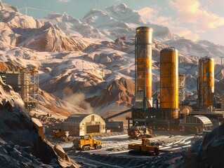 Obraz premium Retrofuturistic Mining Outpost Powered by Renewable Energy in Rugged Mountainous Terrain