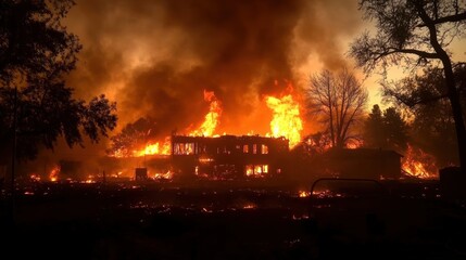 Fiery inferno consumes a house engulfed in flames during a devastating wildfire at night, creating a dramatic scene.