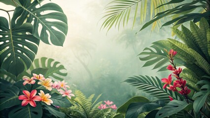 Tropical Paradise Lush Greenery and Vibrant Blooms, Frame Composition, Jungle Setting, Monstera, Plumeria Tropical Plants, Floral Design