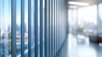Modern office interior with vertical blinds and city view.