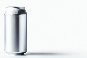 A minimalistic image featuring a silver aluminum can on a white background, perfect for beverage-related concepts.