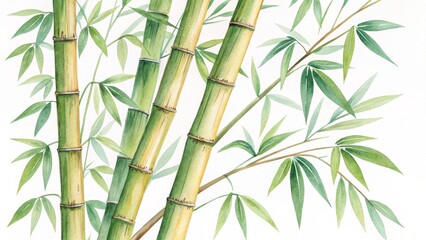 Watercolor Bamboo Painting Green Stems and Leaves, Botanical Illustration, Nature Concept, Asian Art Bamboo, Watercolor