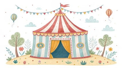 Whimsical Watercolor Circus Tent Illustration Pastel Stripes, Festive Bunting and Balloon Details, Circus, Watercolor Painting Circus, Illustration