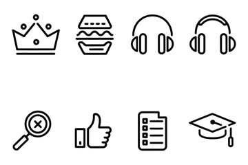Minimalist Black Line Icon Set for Navigation, Audio, Education, and Tasks