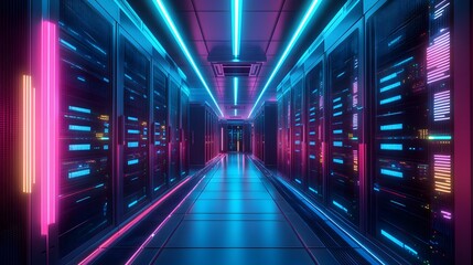Fototapeta premium Neon Lit Server Room Corridor Showing Data Storage Units