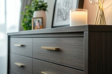 Modern wooden dresser with candle and decor in bright room.