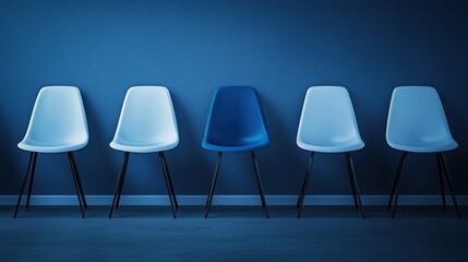 Blue chair stands out among white chairs.