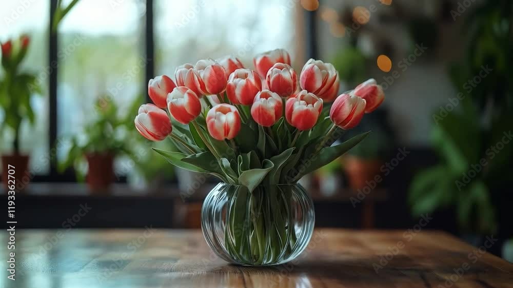 Leinwandbilder a beautiful arrangement of vibrant tulips in a glass vase is placed on a rustic wooden kitchen table