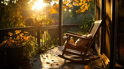 A tranquil scene featuring a rocking chair on a porch surrounded by greenery during sunset, promoting relaxation and peaceful living in a natural setting.