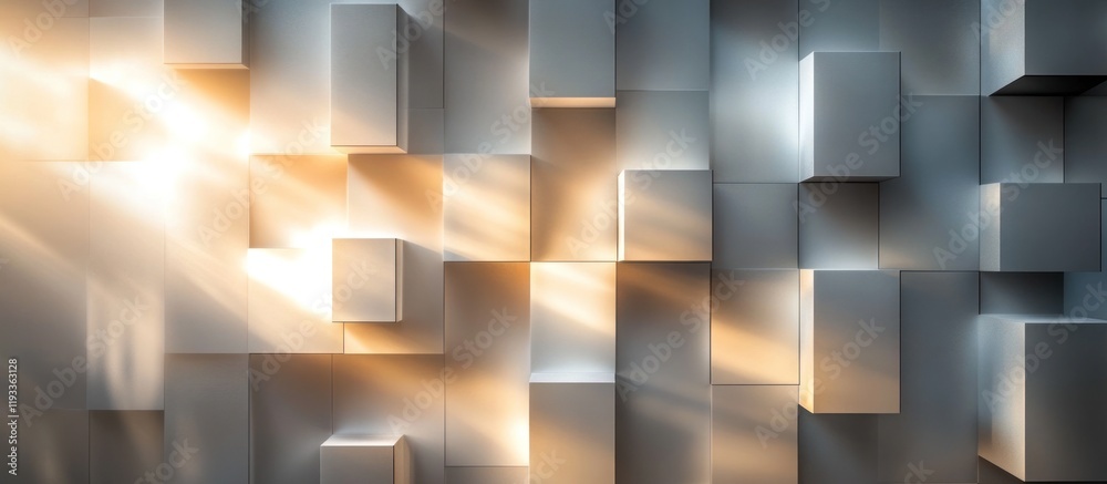 Wall mural glowing geometric cubes abstract minimalist design background with contrasting light and shadow effe