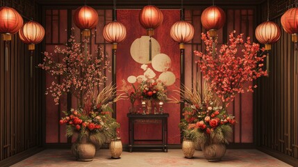 Fototapeta premium traditional Chinese New Year setup created by AI, showcasing hanging lanterns, auspicious symbols, and floral accents