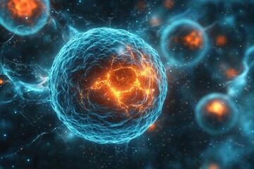 Colorful depiction of a cell showcasing intricate details of cellular structures and vibrant energy patterns