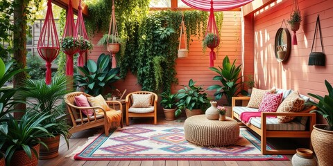 Obraz premium Serene Patio Oasis Relaxing Bohemian-Style Outdoor Seating Area with Lush Greenery and Vibrant Textiles