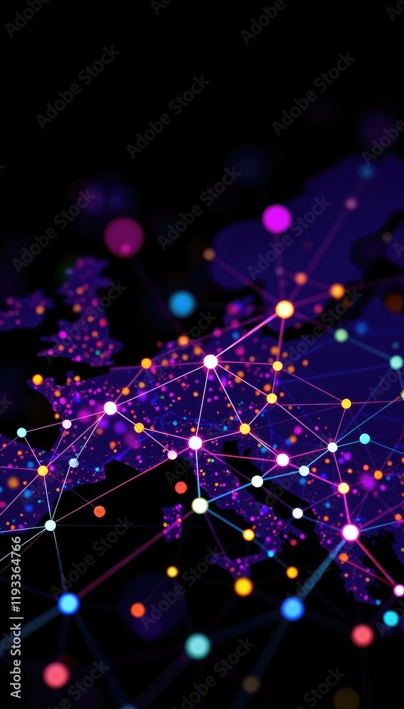 Poster Global Network Connections vibrant visualization of interconnected nodes across map