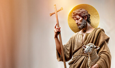 St. john baptist dressed in traditional robes, holding a staff and a lamb, renaissance art style.