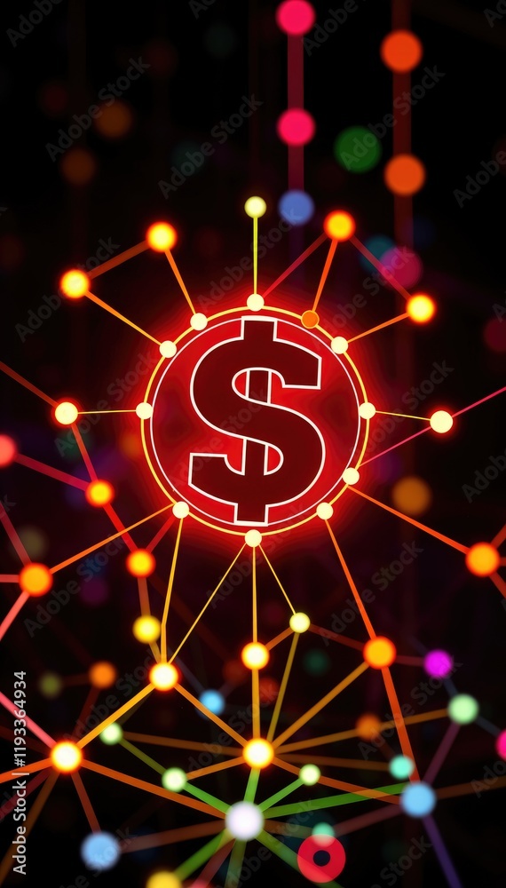 Aufkleber global finance network: illuminated dollar sign center of vibrant interconnected web