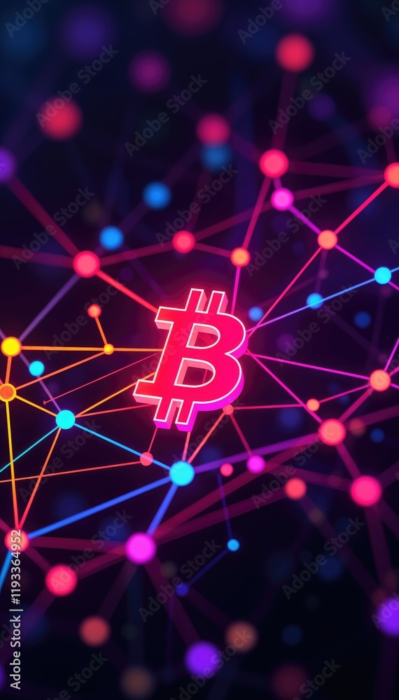 Poster neon bitcoin symbol in vibrant digital network