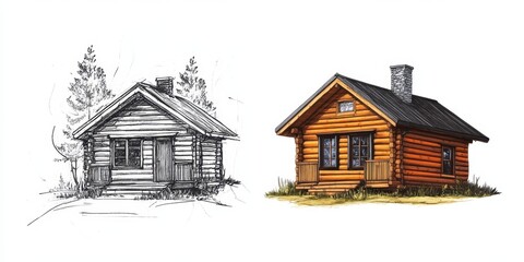 A hand-drawn black and white sketch is shown alongside a colorful illustration of a log cabin, highlighting design elements and structure