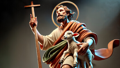 A 3D styl art St. john baptist dressed in traditional robes, holding a staff and a lamb