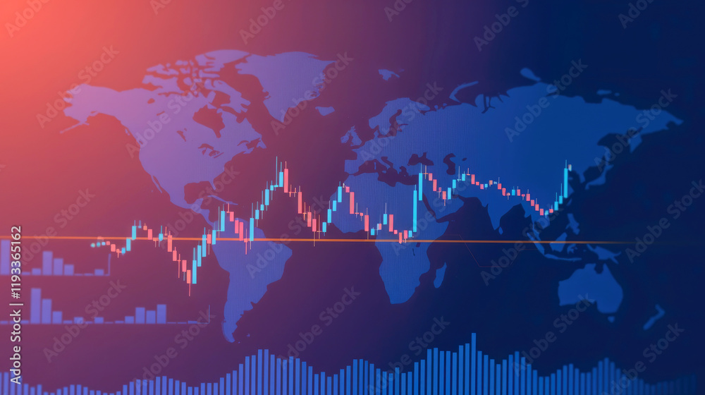 Aufkleber Global market trends visualized on world map with candlestick charts showing fluctuations and patterns in financial data